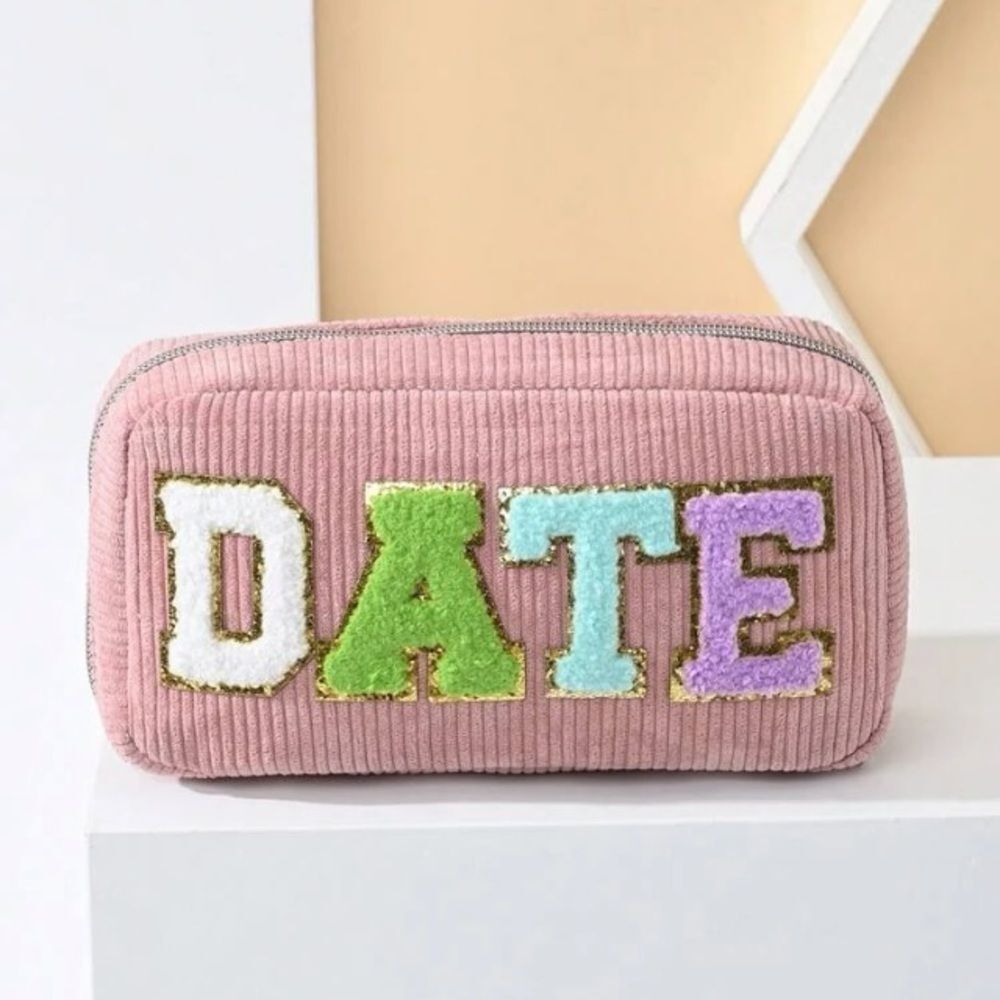 Chenille Letter Corduroy Makeup Bag -DATE